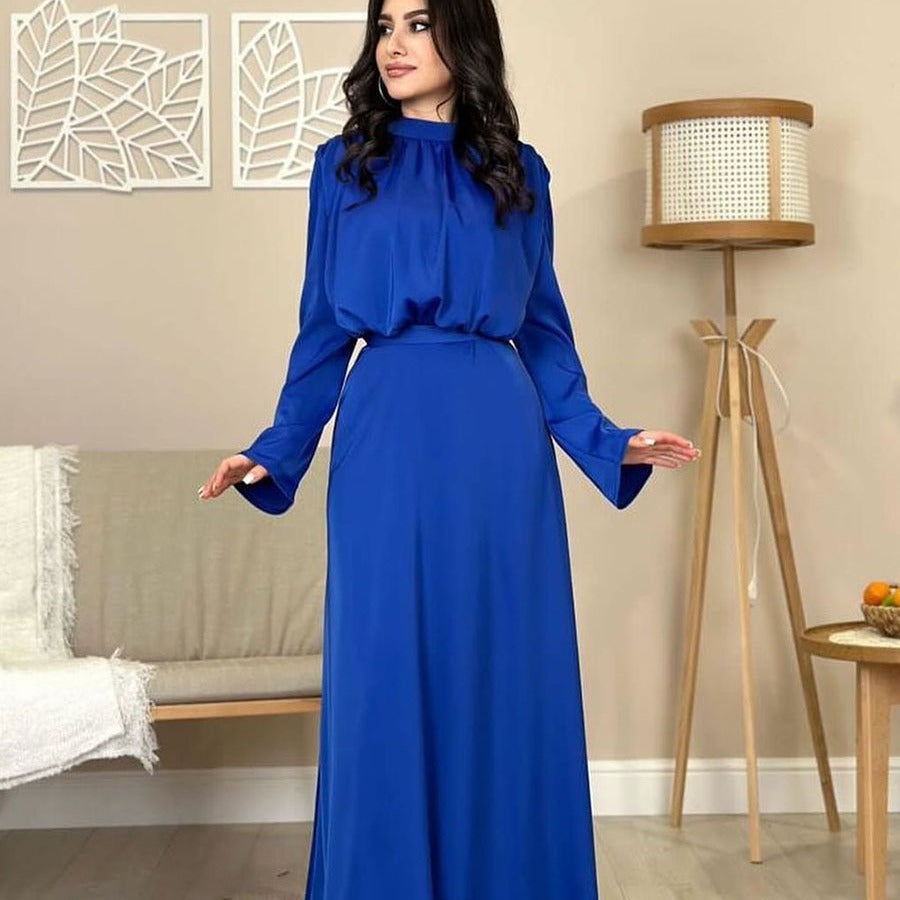 In-stock 2024 new satin elegant half-high neck tied long-sleeve high-waist long dress fashion dress