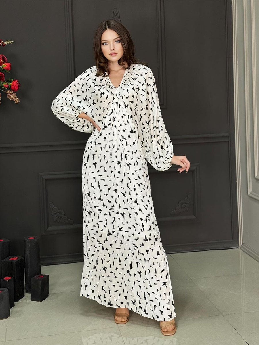 2024 INS Summer New Printed Elegant Long V-Neck Lantern Sleeve Tie Dress