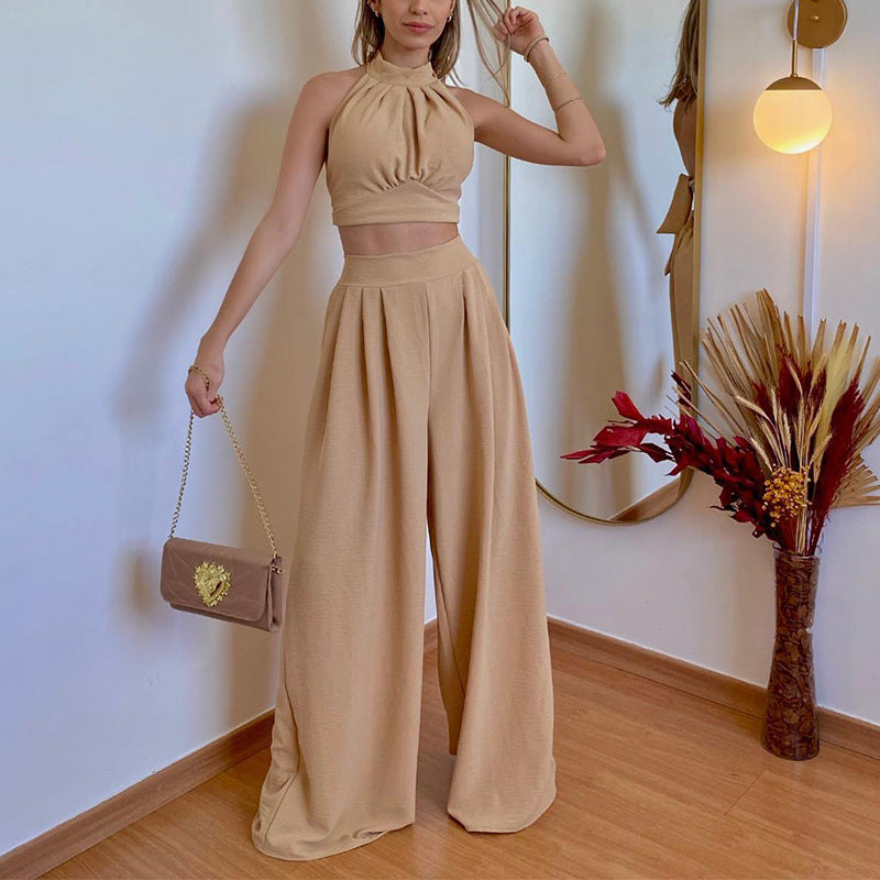 2023 fashion casual suit halter neck slim fit temperament wrap top high waist pants two-piece set for women