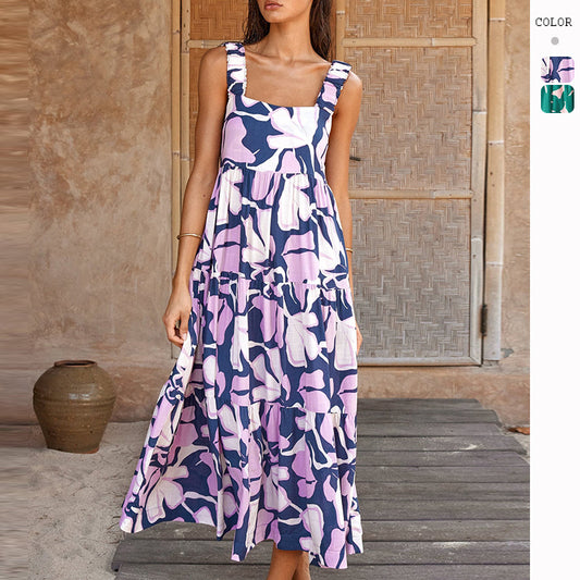 summer beach dress pleated suspender elegant A-shaped flower print long dress women