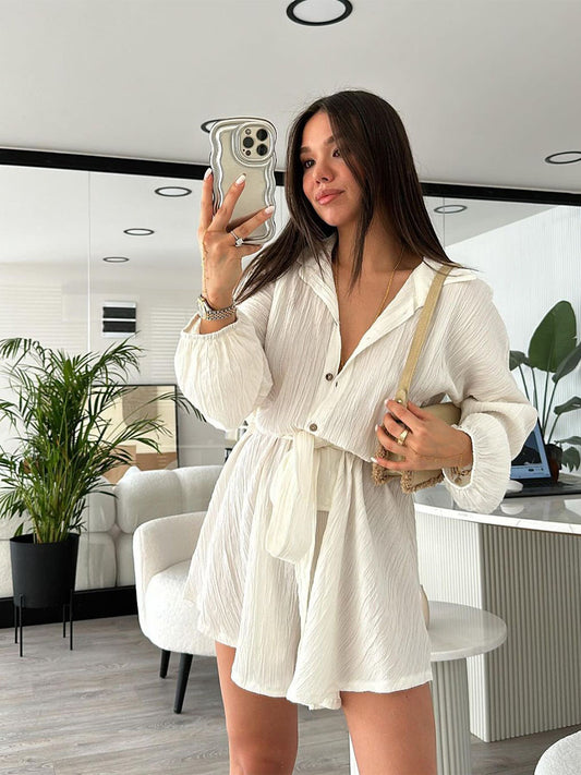 Fashion suit 2024 summer new wrinkled breathable fabric single-breasted belted dress