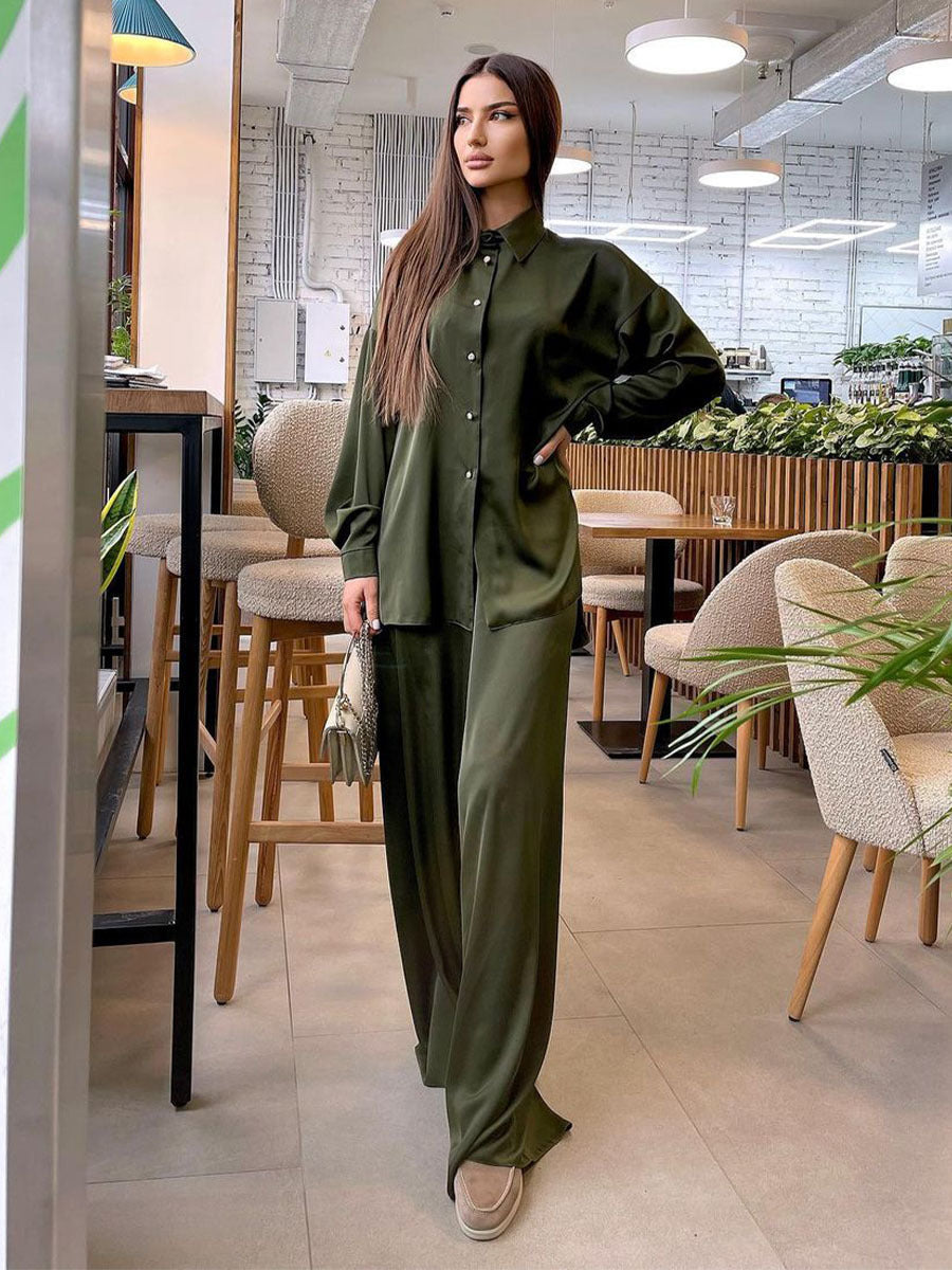 New fashion casual suit with satin drop shoulder sleeves, loose shirt, and high-waisted wide-leg pants set for women