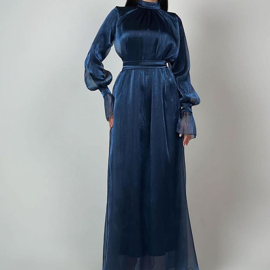 New shiny textured elegant high-neck long-sleeve high-waisted belted long dress for women