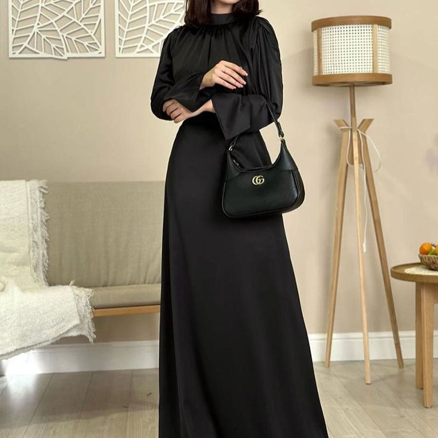 In-stock 2024 new satin elegant half-high neck tied long-sleeve high-waist long dress fashion dress