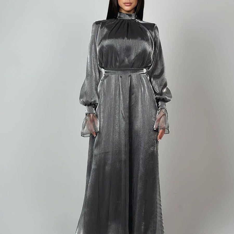 New shiny textured elegant high-neck long-sleeve high-waisted belted long dress for women