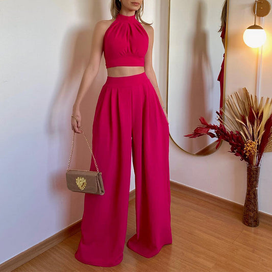 2023 fashion casual suit halter neck slim fit temperament wrap top high waist pants two-piece set for women