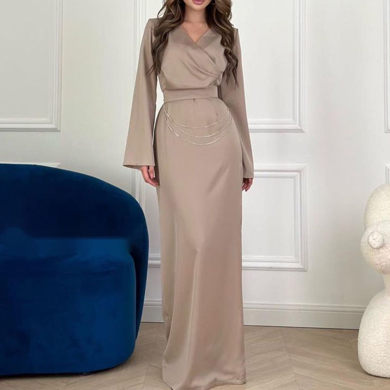 New INS elegant women's solid V-neck metallic decorated long-sleeve high-waisted long dress