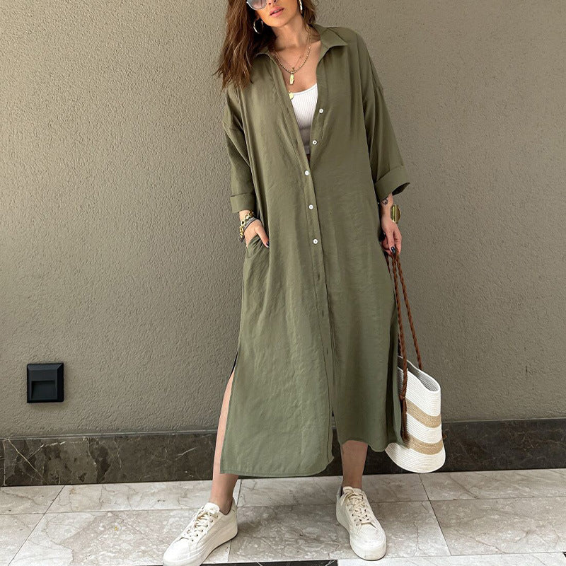 long shirt dress, loose with a single row of buttons, lazy style, with pockets, elegant long shirt.