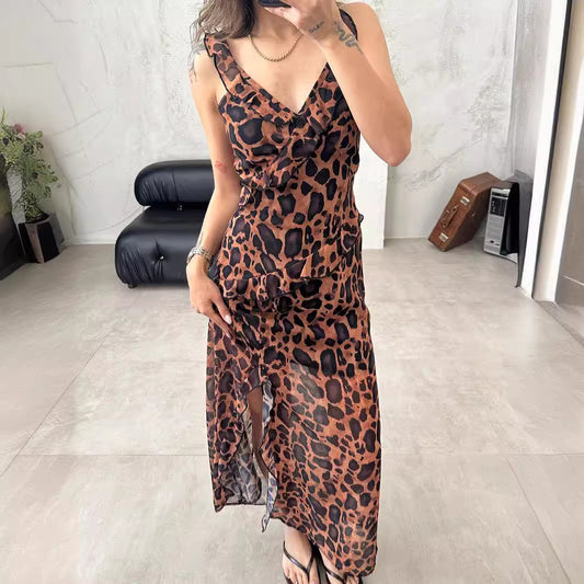 2024INS New product leopard print chiffon suspender split sexy slim mid-long dress