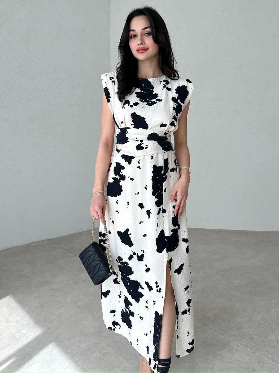 2024 new printed sleeveless round-neck single-button padded shoulder mid-length asymmetrical slit dress