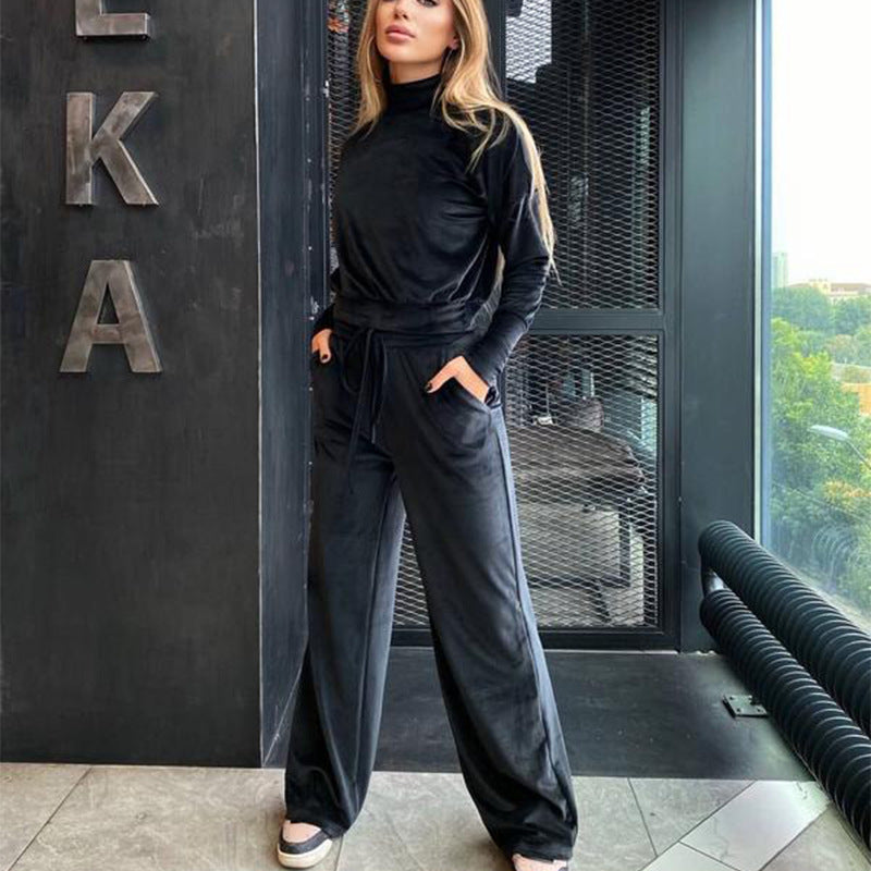 2022 Autumn-Winter Fashion Casual Suit in Plain Silver Fox Velvet with High-neck Long-sleeve Top and Drawstring Pants