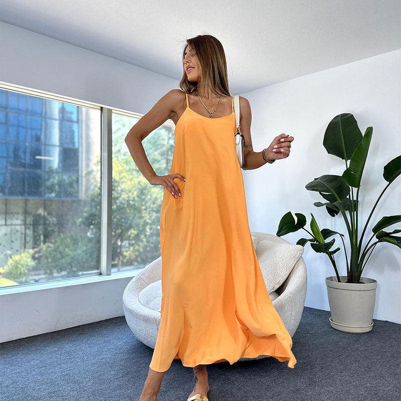 2024 New Solid Color Long Sling Dress for Women Fashionable and Casual.