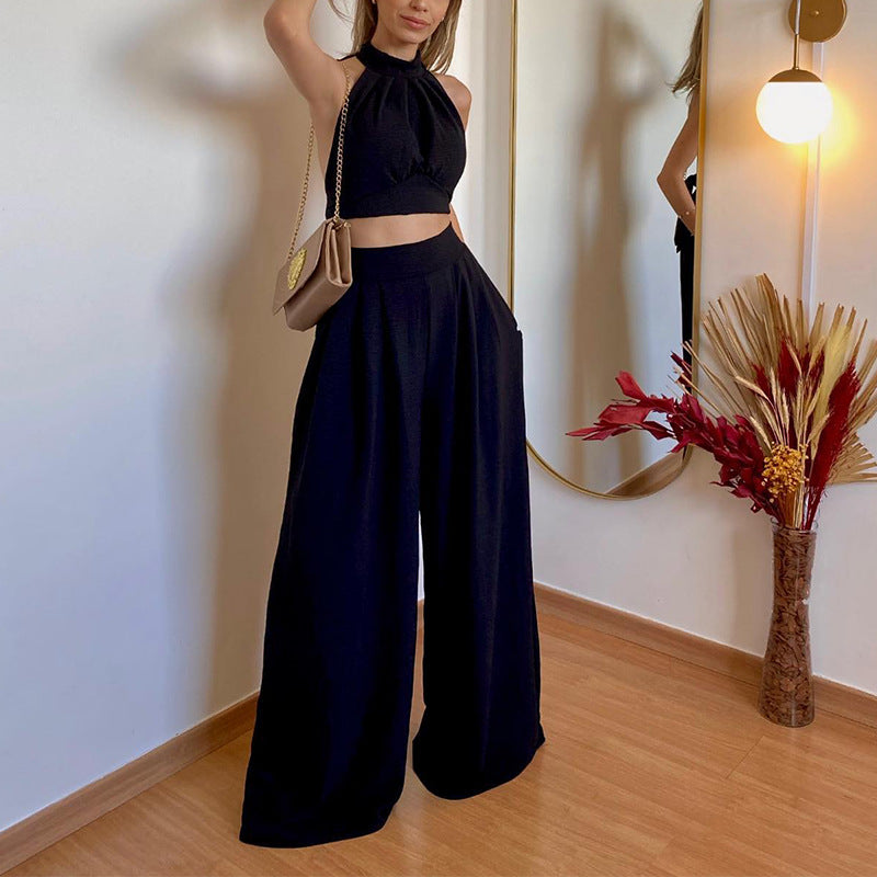 2023 fashion casual suit halter neck slim fit temperament wrap top high waist pants two-piece set for women