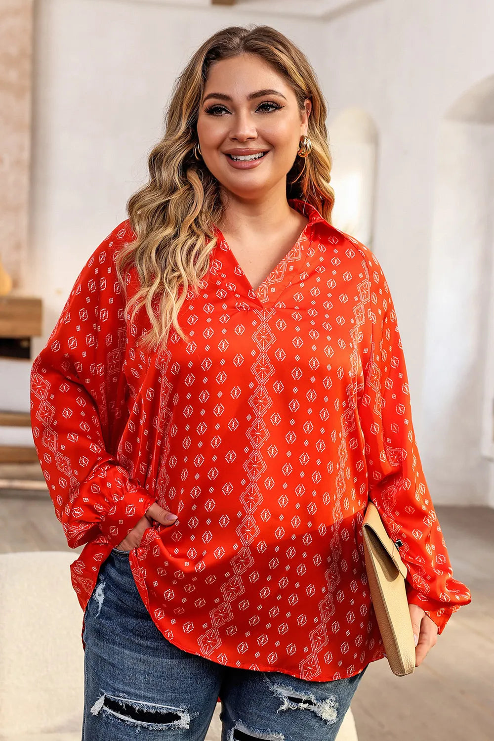 Plus Size Printed Johnny Collar Long Sleeve Blouse