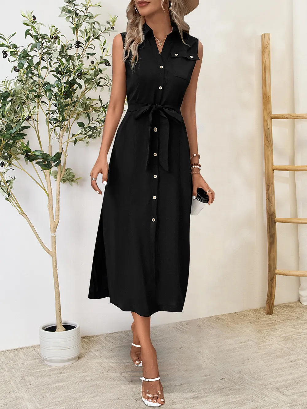 Button Up Sleeveless Midi Dress