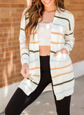 Woven Right Striped Rib-Knit Open Front Pocketed Cardigan