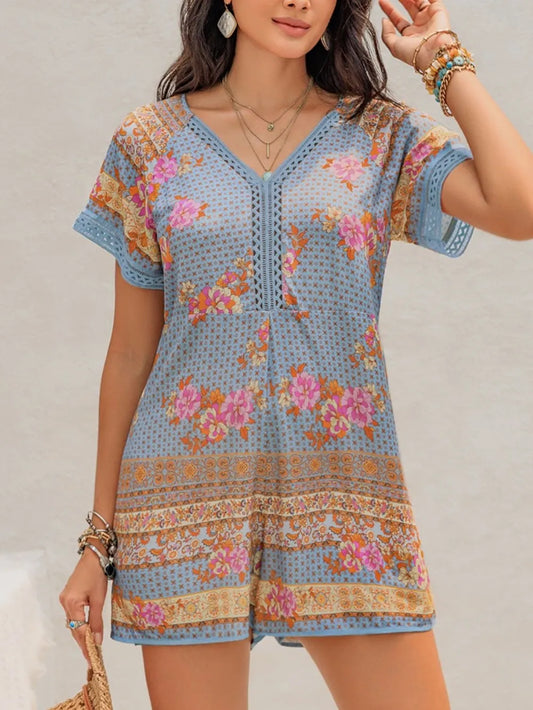 Printed V-Neck Short Sleeve Romper