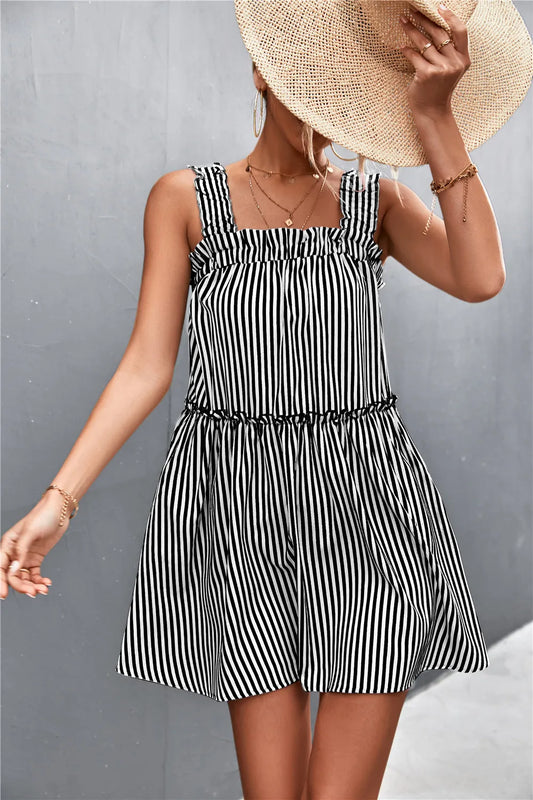 Striped Frill Trim Square Neck Dress