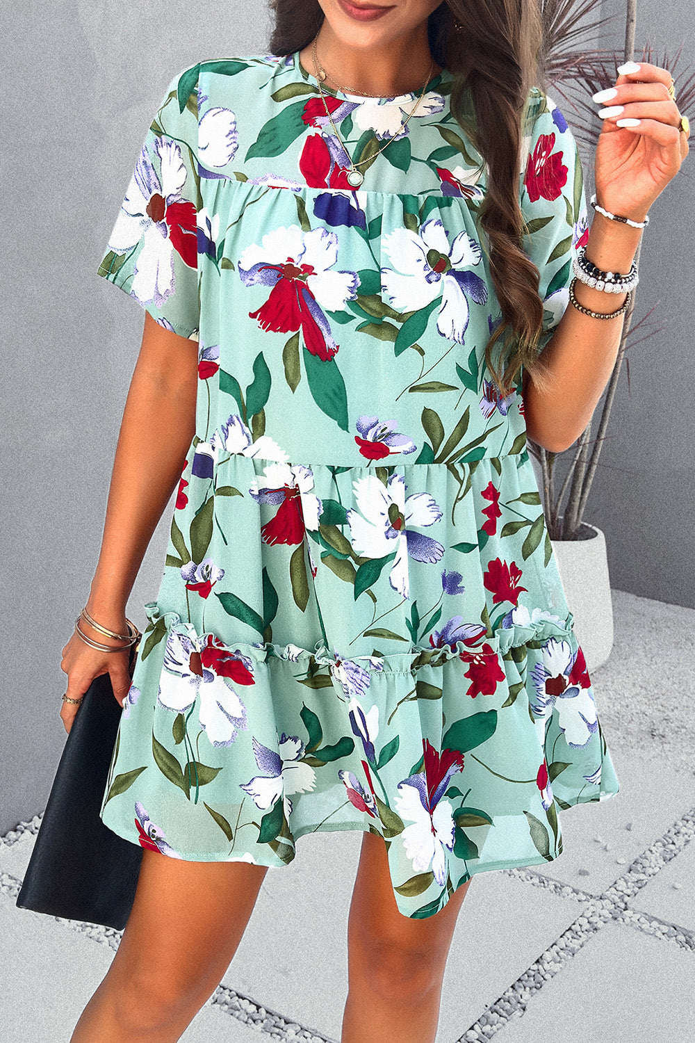 Printed Tiered Round Neck Mini Dress