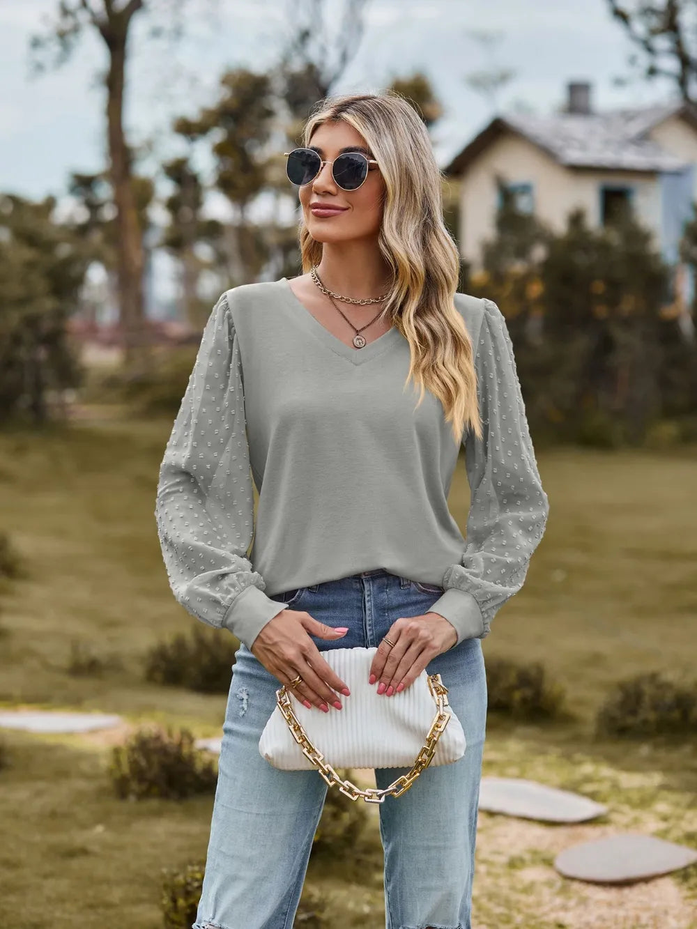 Swiss Dot V-Neck Long Sleeve Blouse