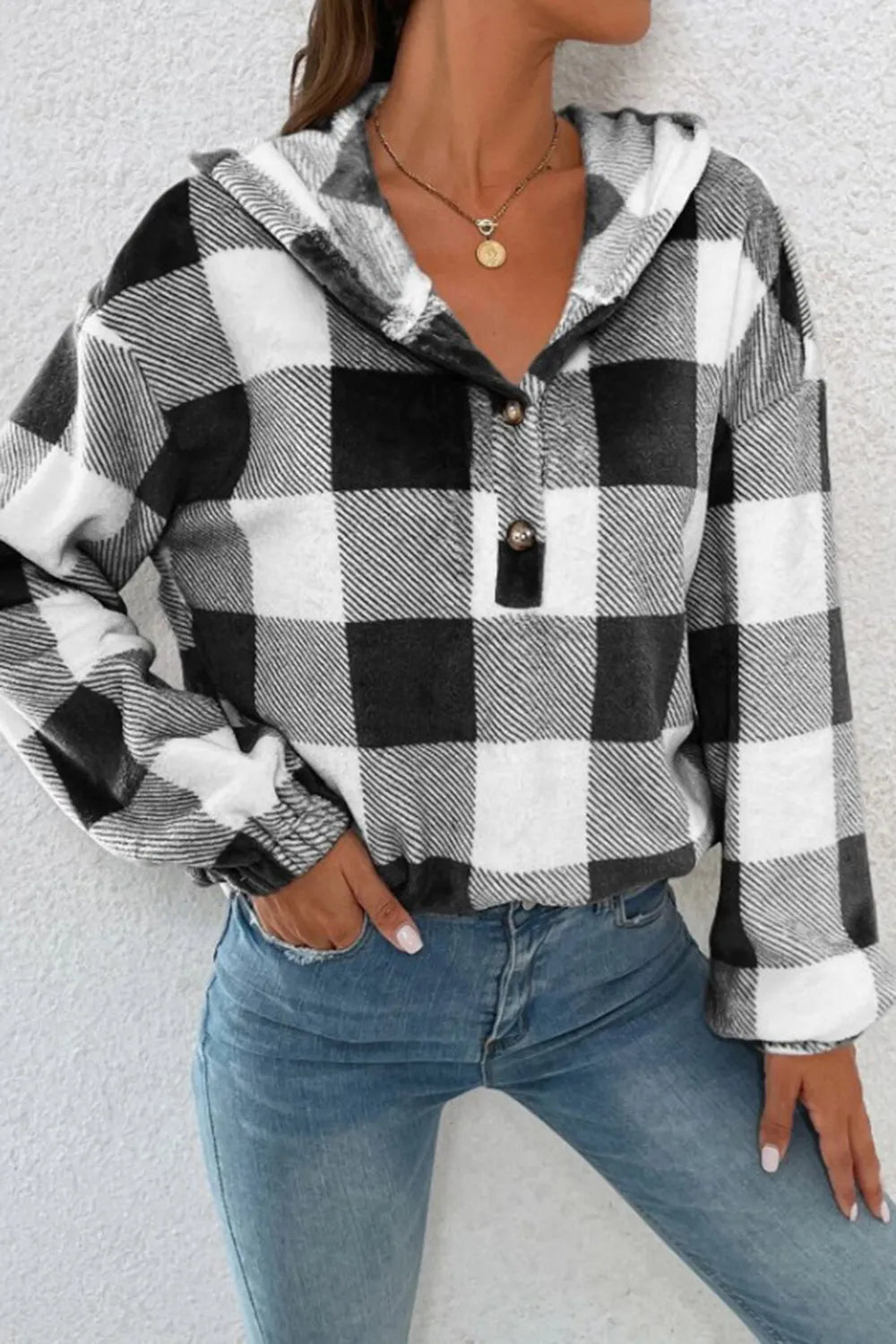 Plaid Quarter Button Dropped Shoulder Hoodie