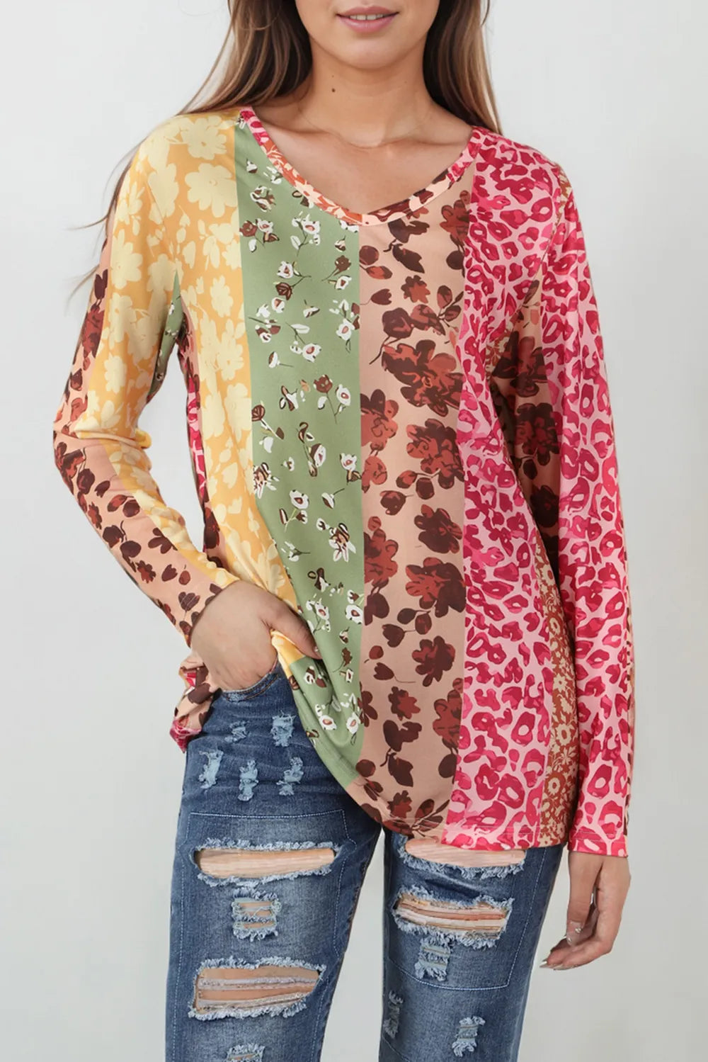 Leopard Long Sleeve V-Neck T-Shirt