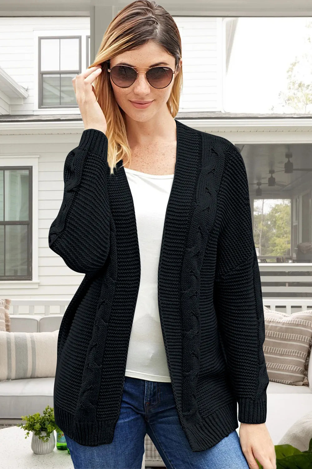 Cable-Knit Open Front Long Sleeve Cardigan