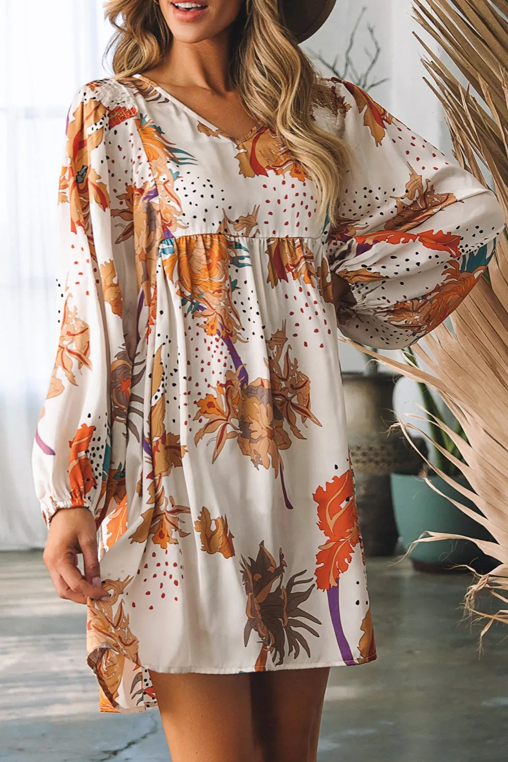 Printed V-Neck Balloon Sleeve Mini Dress