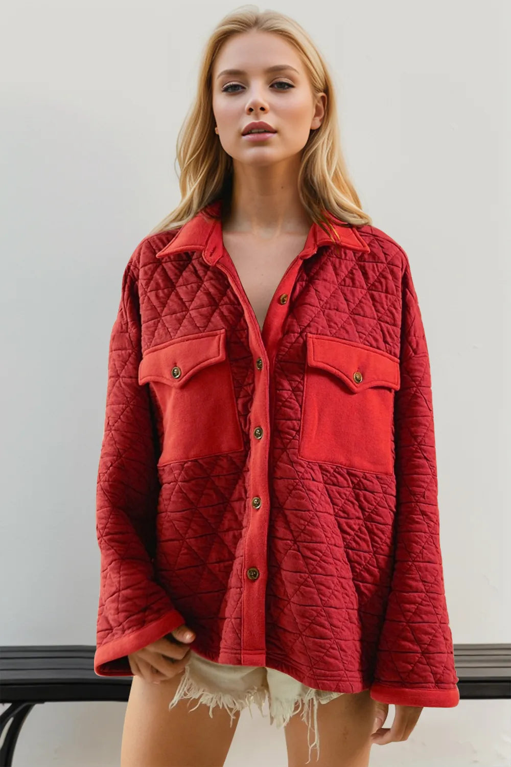 Double Take Full Size Button Up Long Sleeve Quilted Shacket