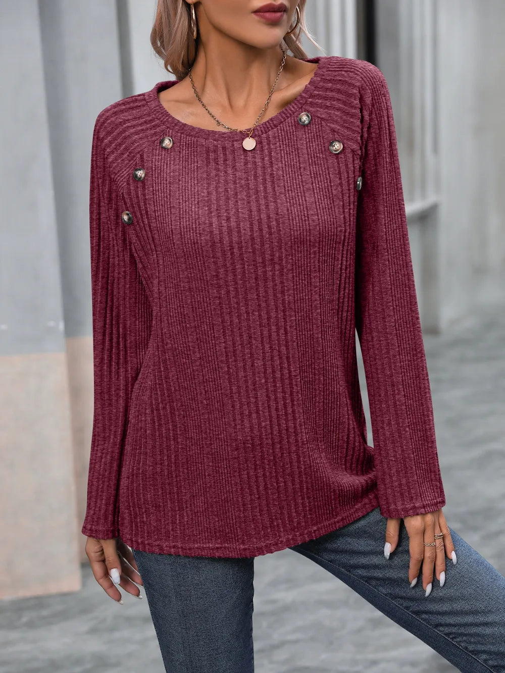 Ribbed Buttoned Round Neck Long Sleeve T-Shirt