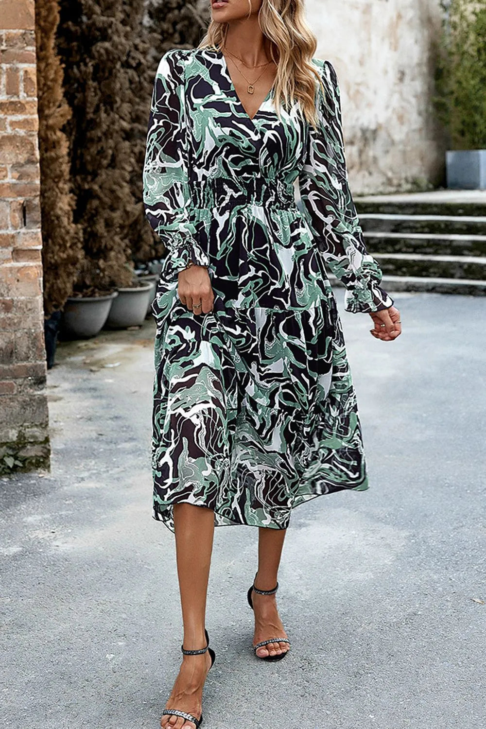 Printed Surplice Neck Flounce Sleeve Midi Dress