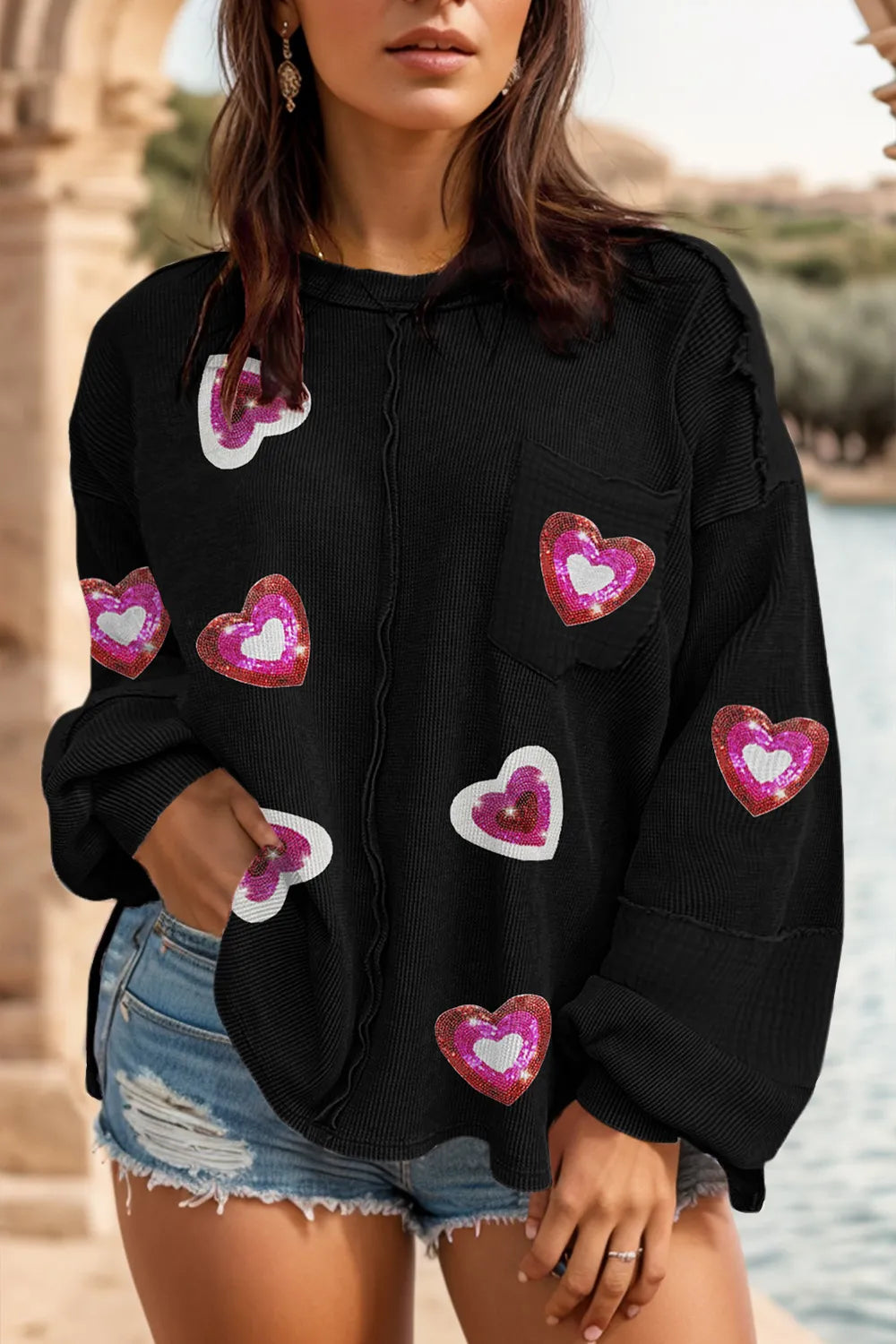 Plus Size Heart Sequin Round Neck Sweatshirt