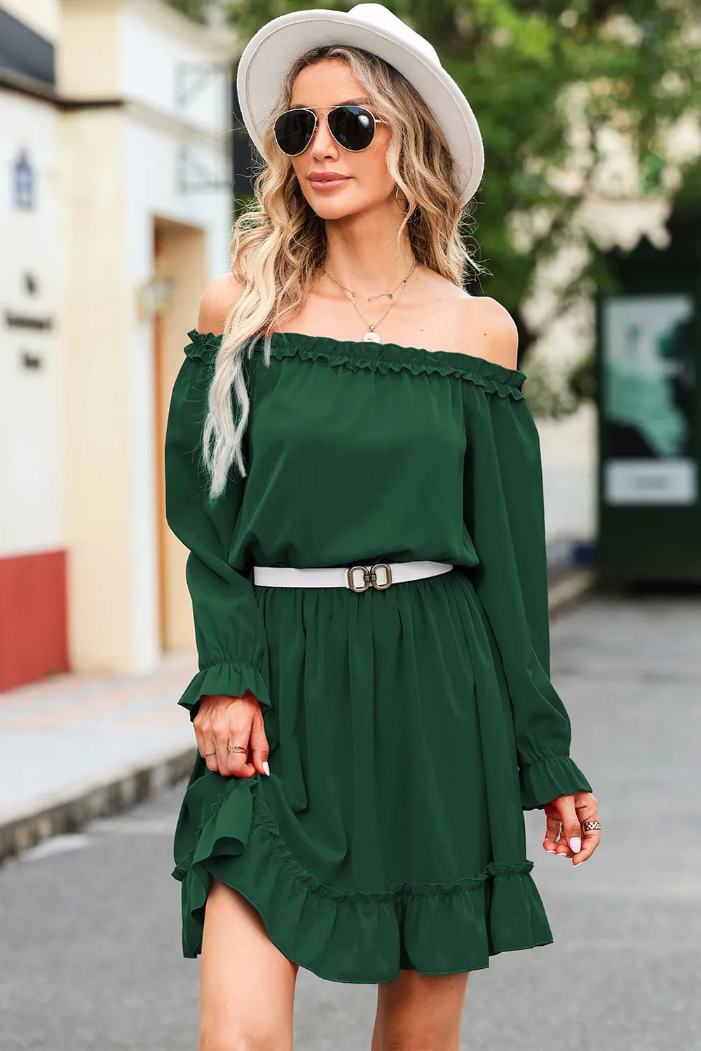 Frill Off-Shoulder Flounce Sleeve Dress