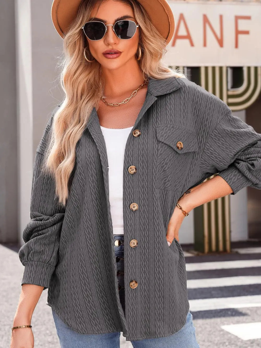 Textured Button Up Long Sleeve Shacket