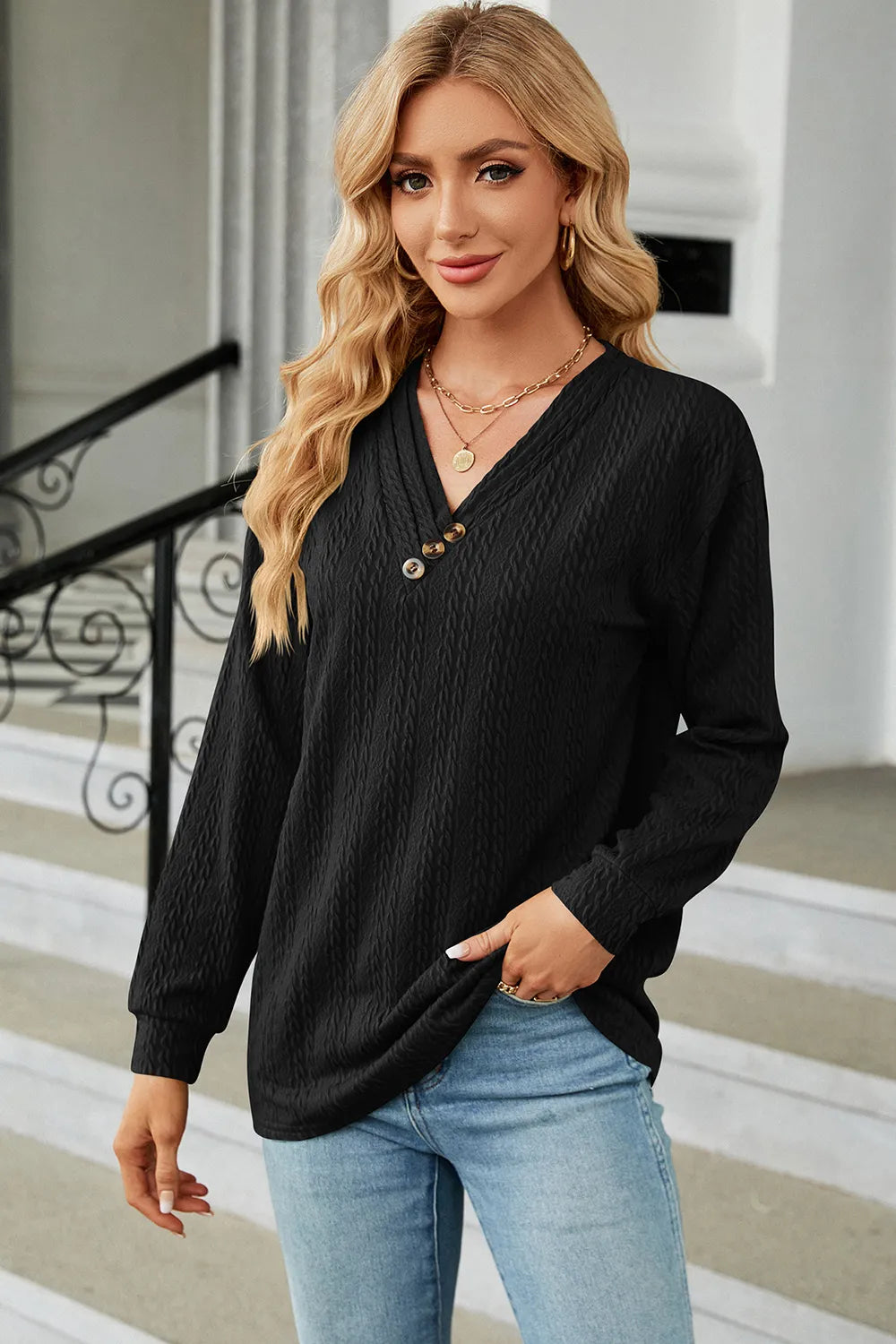 Decorative Button V-Neck Long Sleeve T-Shirt