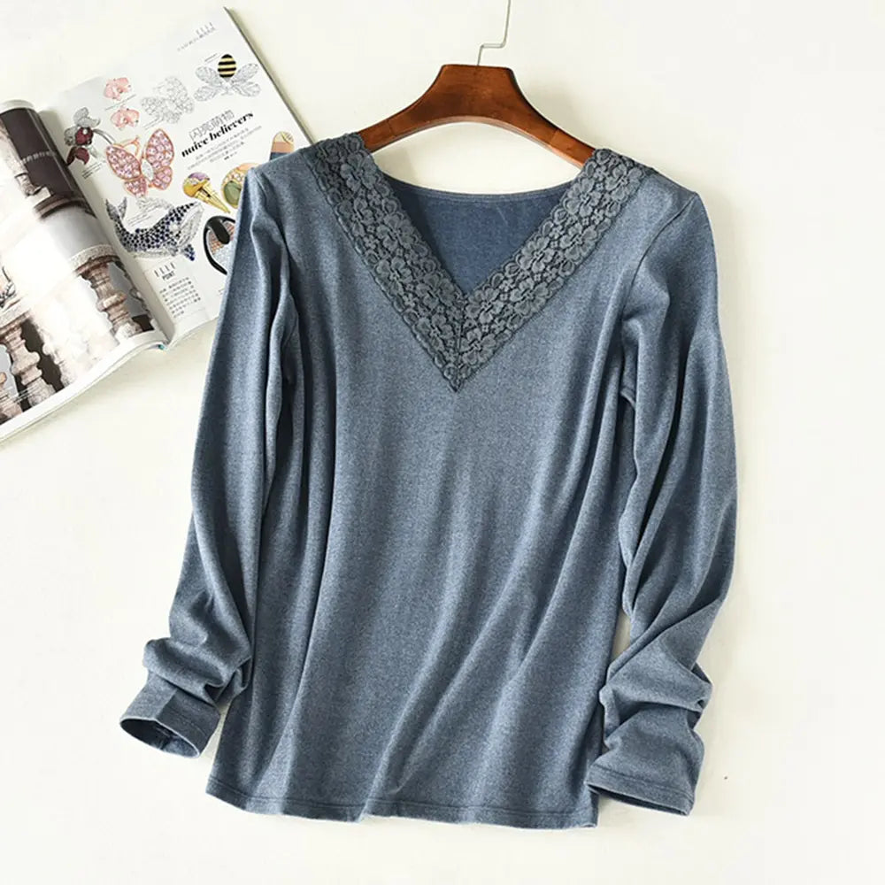 Lace Detail V-Neck Long Sleeve Lounge Top