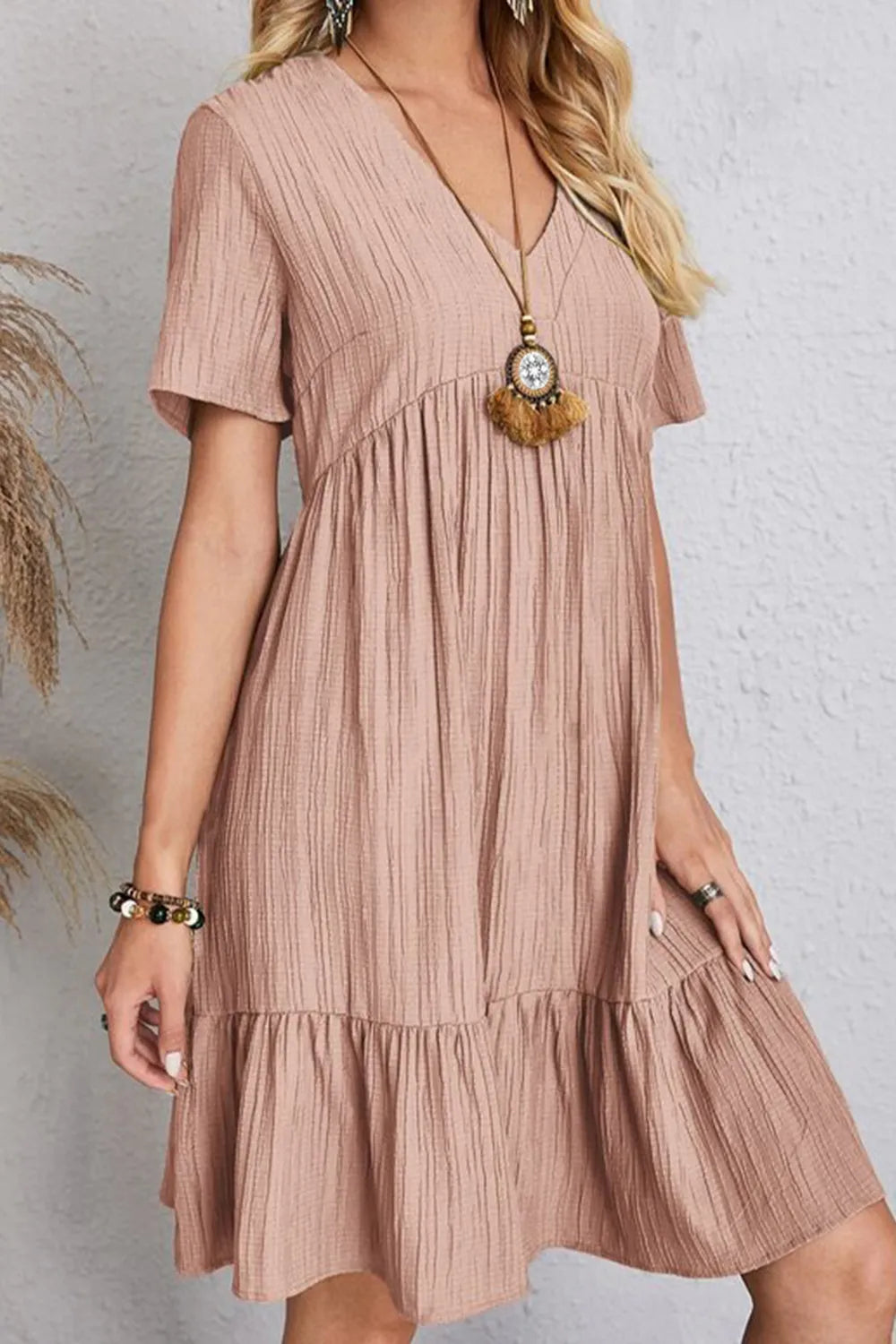 Full Size Ruched V-Neck Short Sleeve Dress