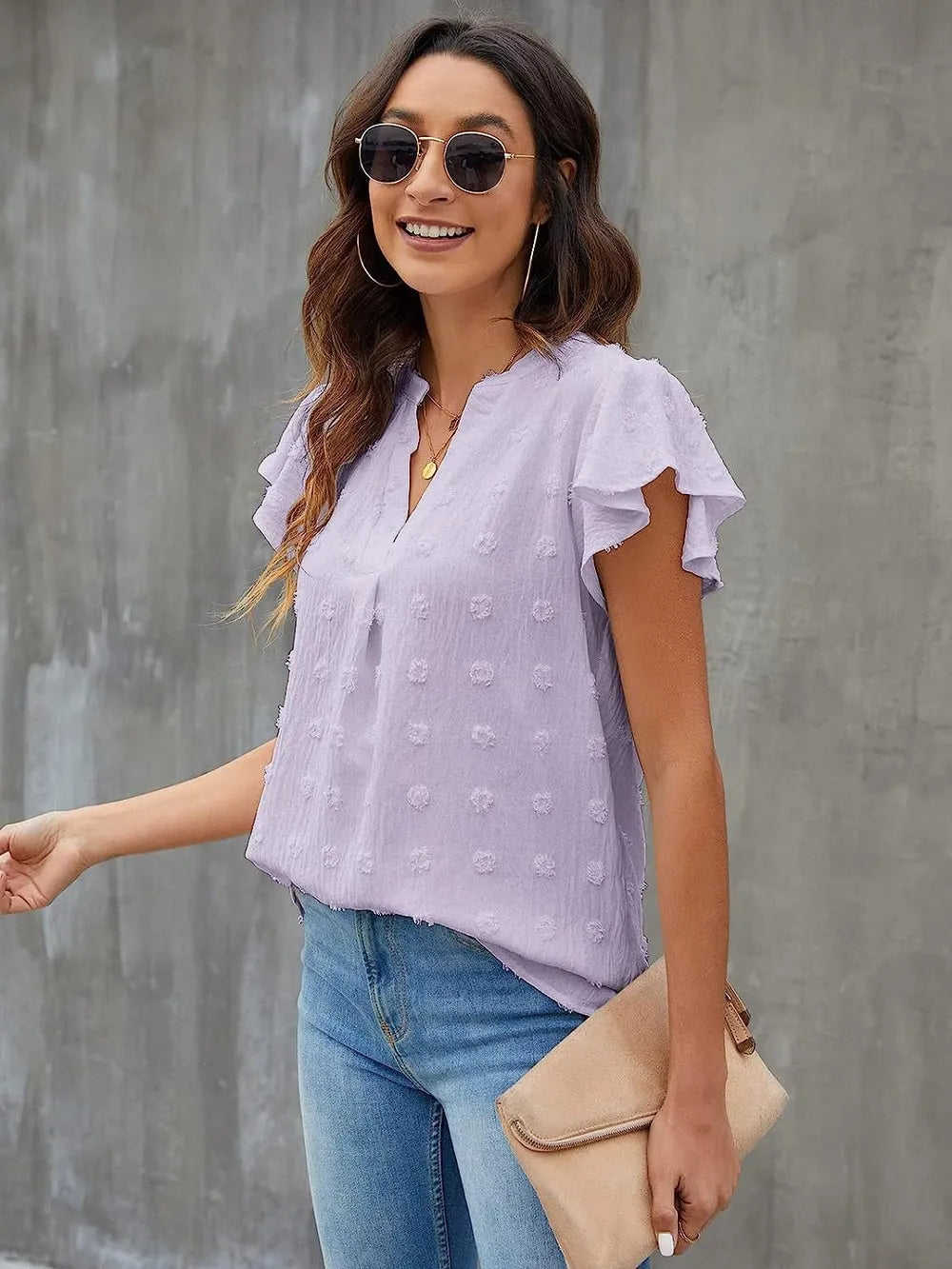 Swiss Dot Notched Cap Sleeve Blouse