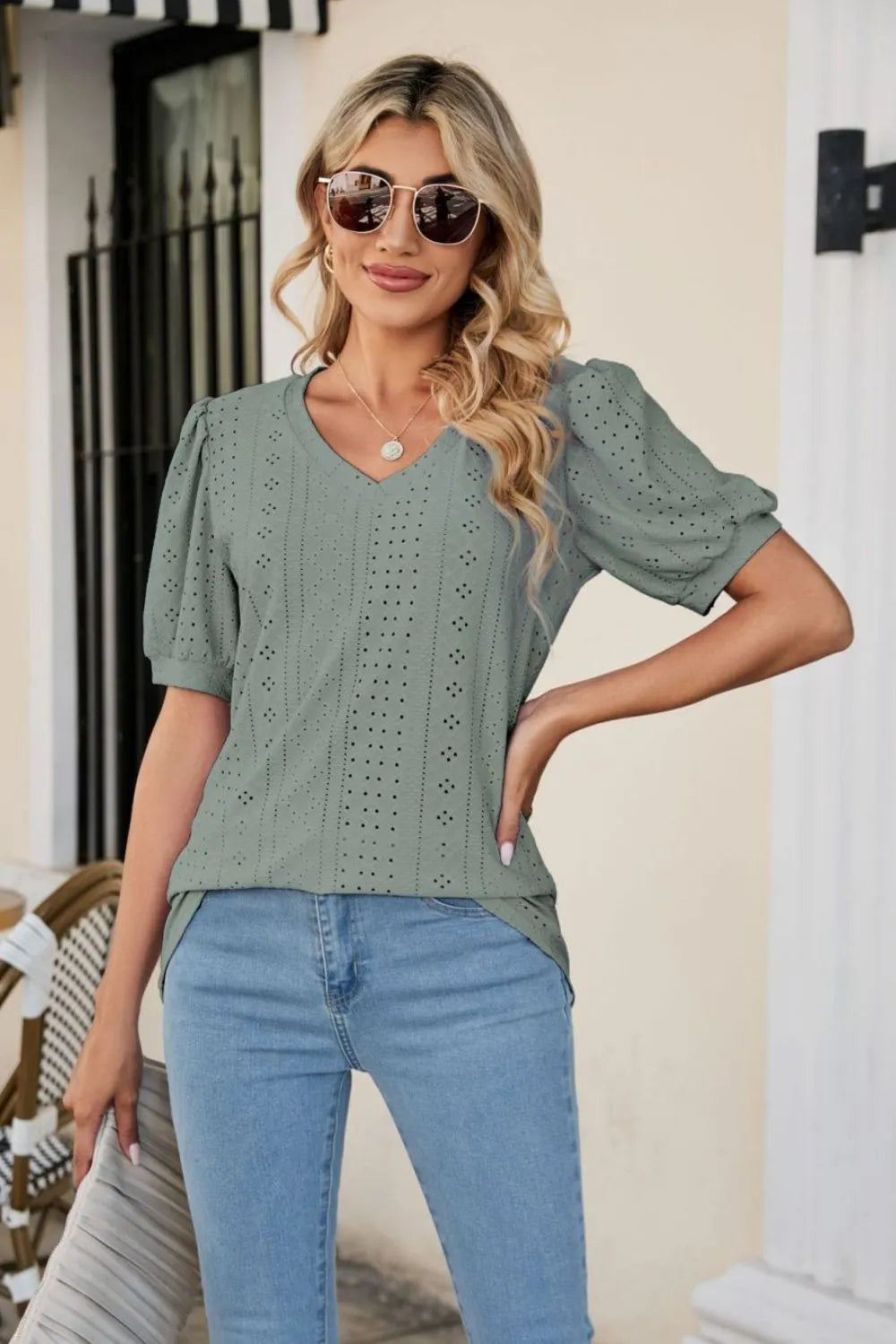 Eyelet Puff Sleeve V-Neck Top