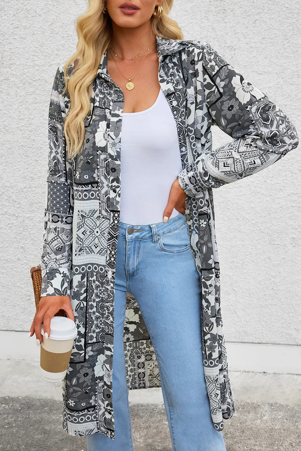 Printed Button Up Long Sleeve Shirt Dress