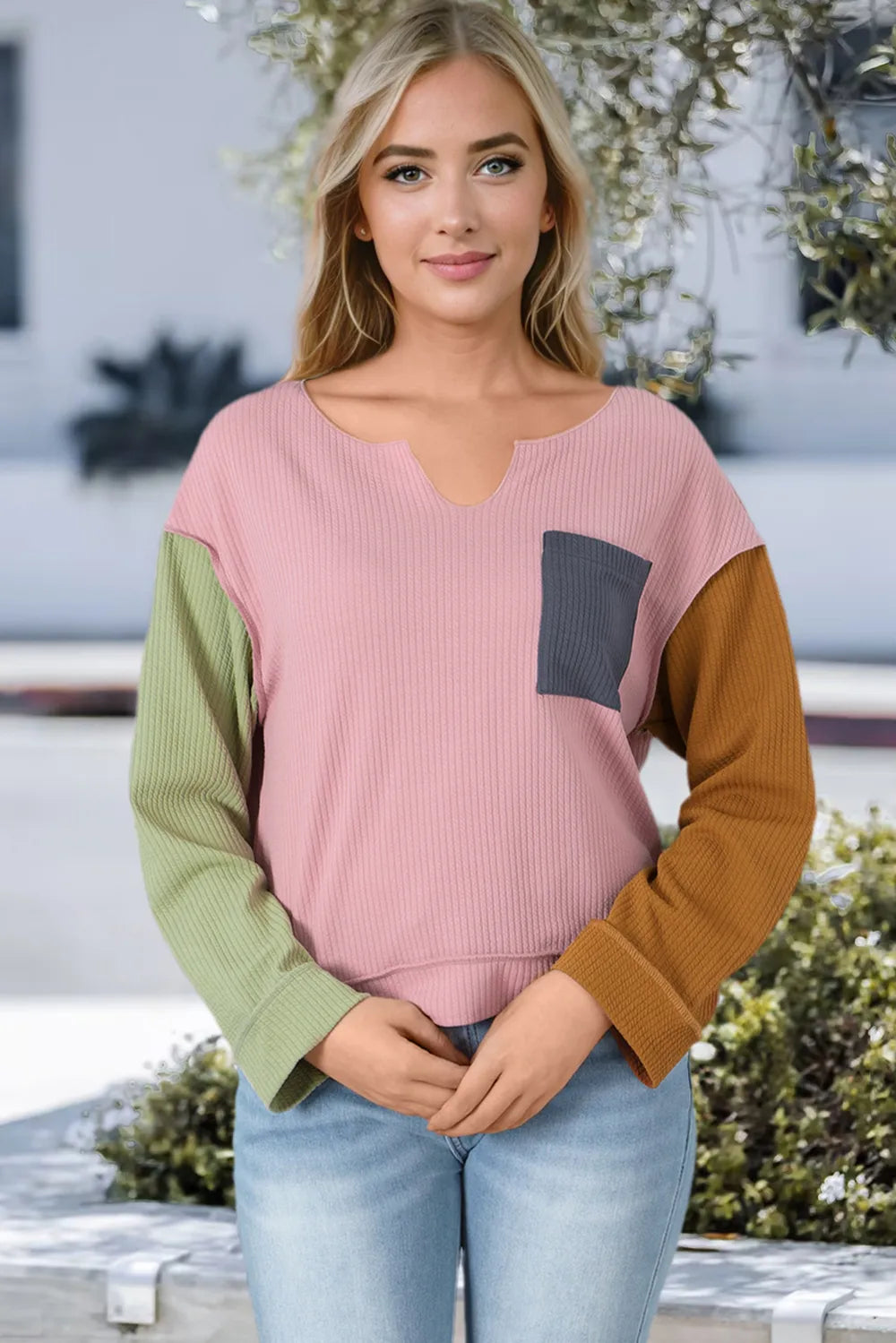 Notch Neck Color Block Top