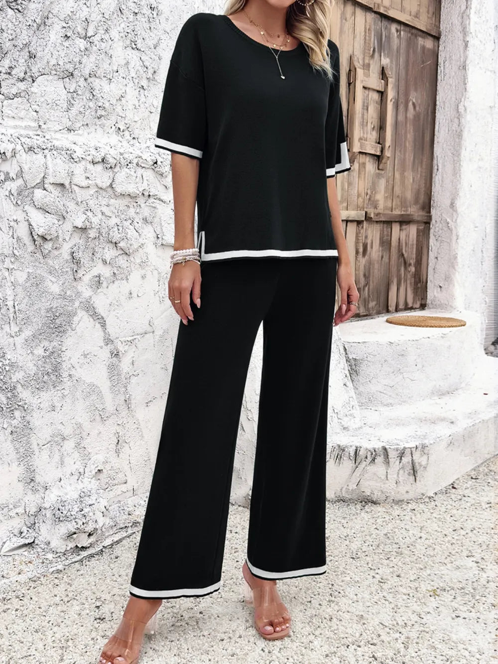 Contrast Trim Round Neck Top and Pants Set