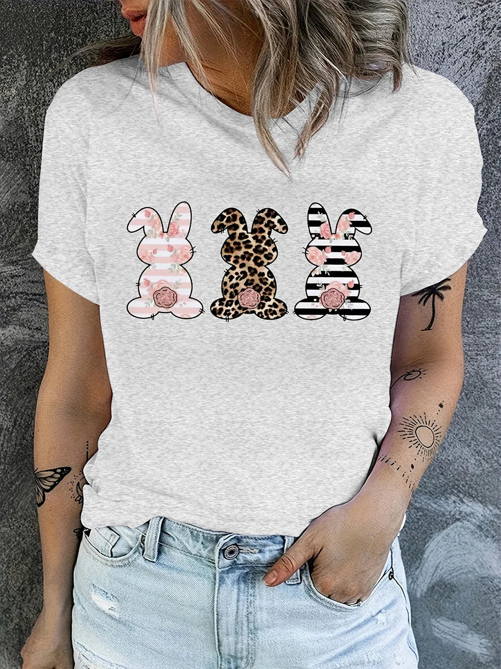 Rabbit Graphic Round Neck Short Sleeve T-Shirt