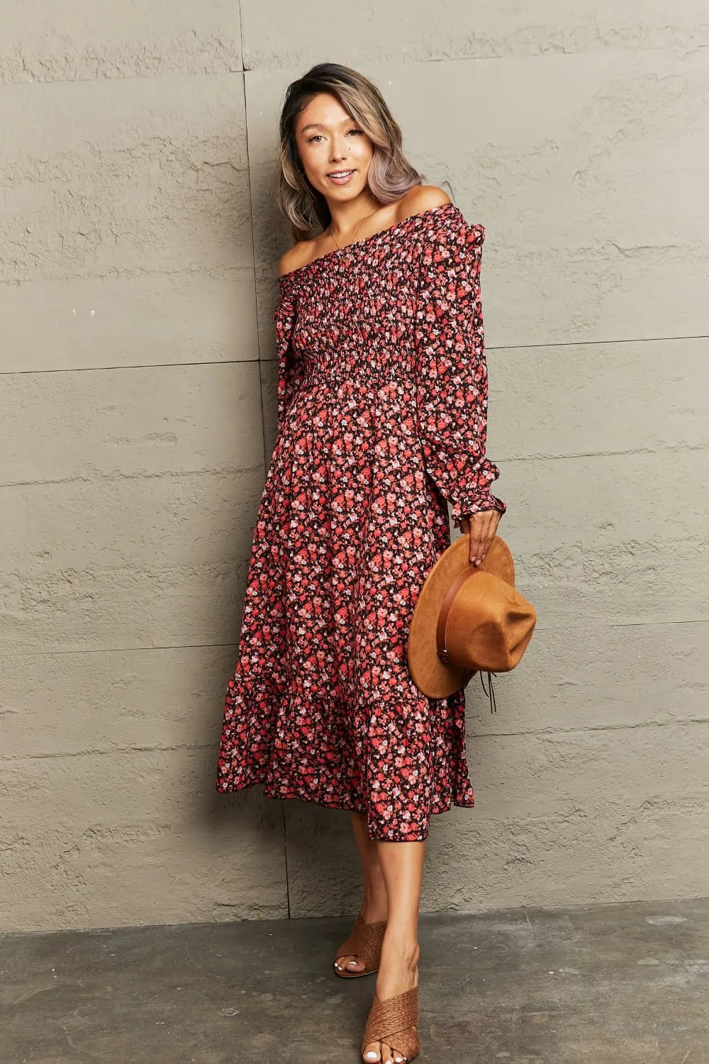 Off-Shoulder Long Sleeve Midi Dress