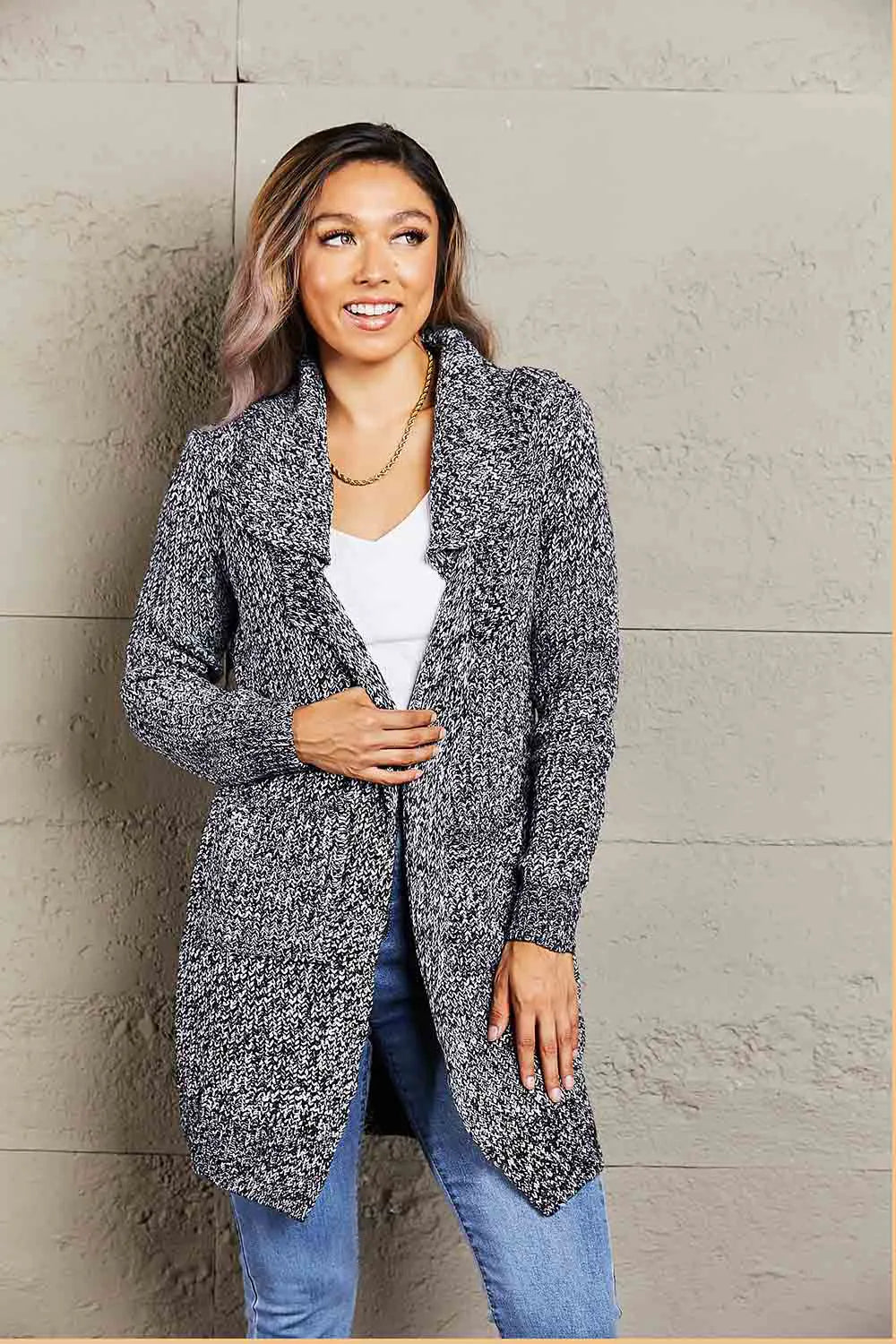 Woven Right Heathered Open Front Longline Cardigan with Pockets