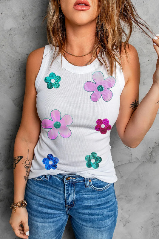 Sequin Flower Round Neck Tank