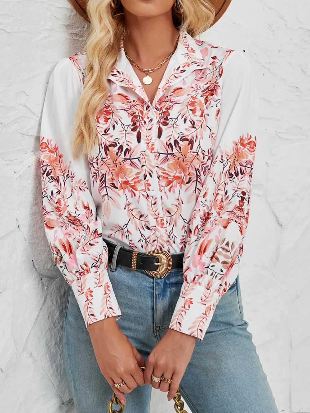 Printed Collared Neck Lantern Sleeve Shirt