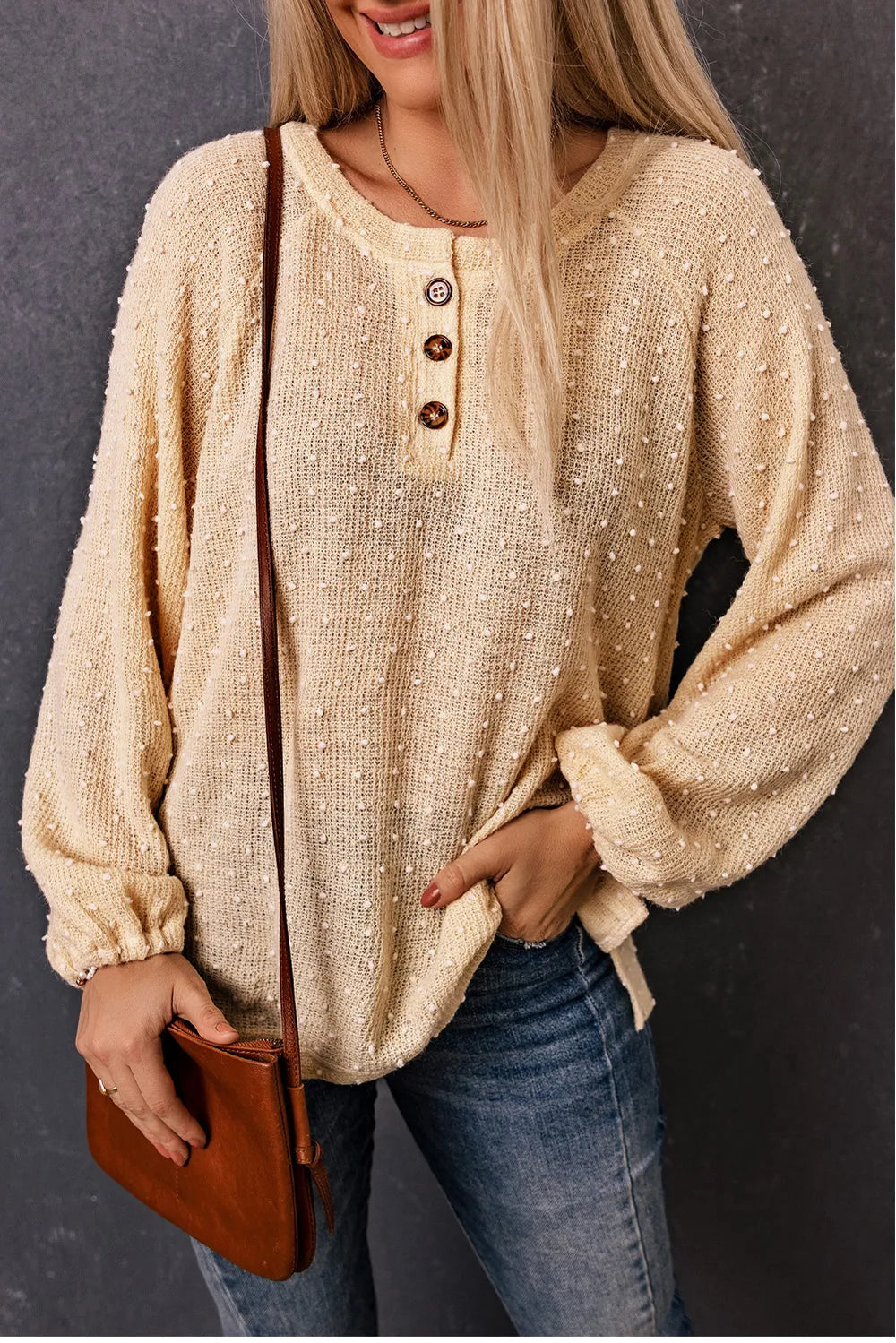 Quarter Button Round Neck Balloon Sleeve Blouse