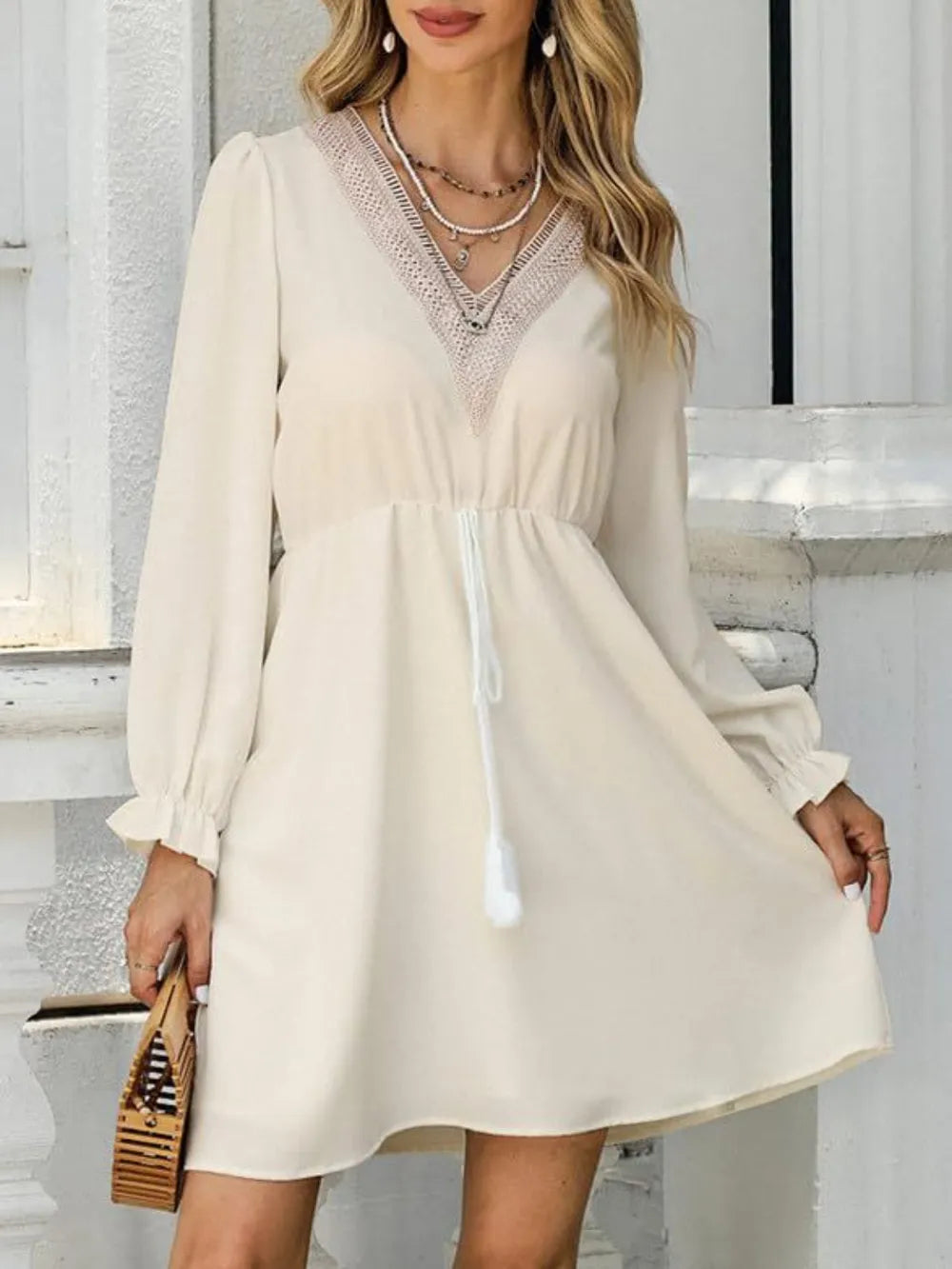 Tassel V-Neck Flounce Sleeve Dress