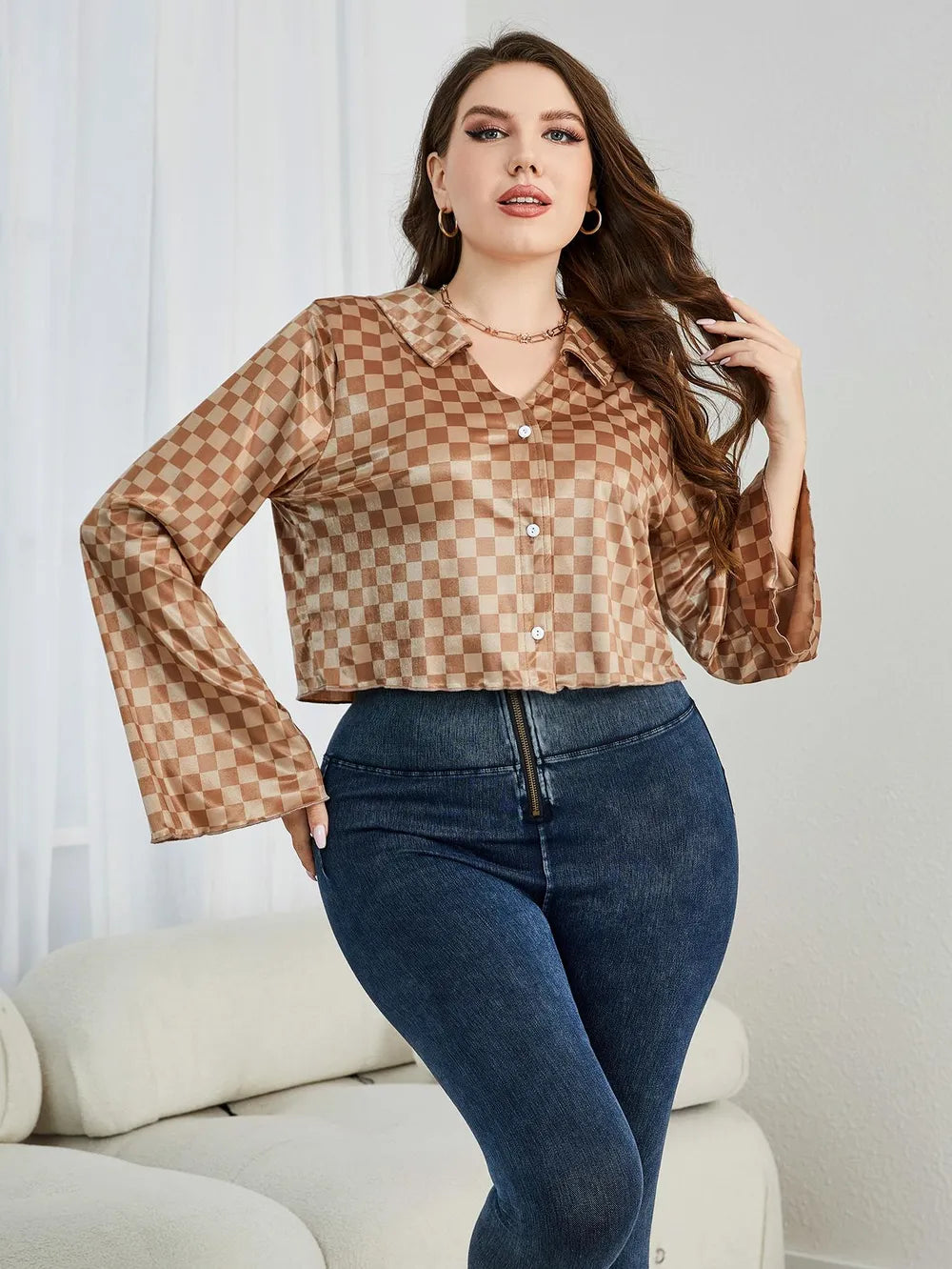 Plus Size Checkered Johnny Collar Flare Sleeve Shirt